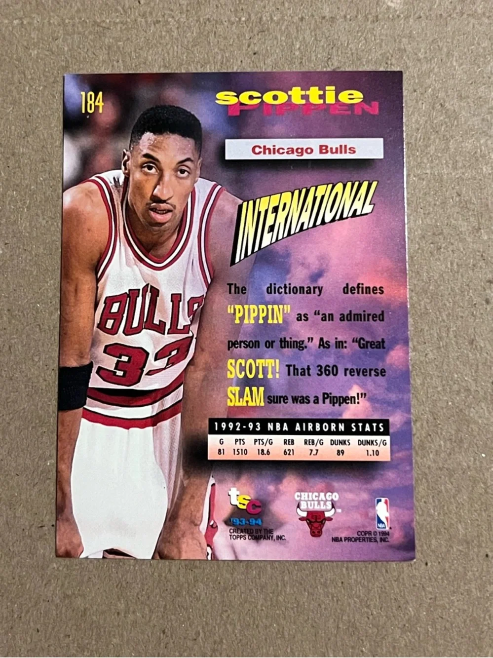 1993-94 Topps Stadium Club - Frequent Flyers Scottie Pippen #184 Chicago Bulls - Picture 3 of 3